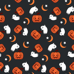 Halloween seamless pattern print with pumpkin and cute ghost doodle spooky character