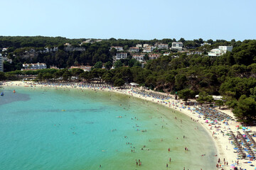 Cala Galdana (Galdana cove) is a coastal resort in Menorca, Spain. Cala Gandala bay and beach, aerial view