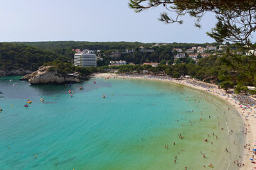 Cala Galdana (Galdana cove) is a coastal resort in Menorca, Spain. Cala Gandala bay and beach, aerial view