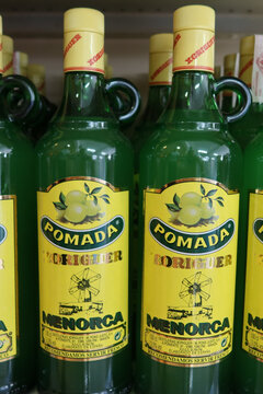 Pomada Xoriguer for sale on the shelf of local shop. Selective focus planning. Ciutadella, Menorca (Minorca), Spain - July 6 2022