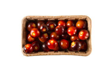 Black cherry tomatoes, eco-packed, top view, on a white background, horizontal, no people,