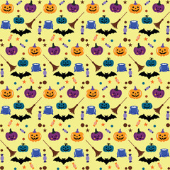 Halloween decorative seamless pattern. halloween seamless background. Seamless pattern with black cat, pumpkin, ghost, spider web on gray background for fabrics, paper, textile, gift wrap