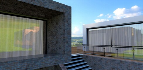 Fototapeta na wymiar Staircase to the decked terrace. Wall finished with old red brick. Glass fence. Curtains are visible through transparent panoramic windows. 3d render.