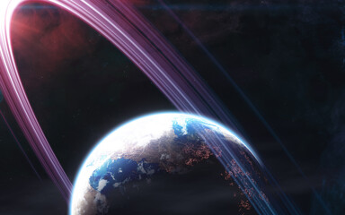 Distant habitable planet. View from space through cosmic dust. Science fiction. Elements of this image furnished by NASA