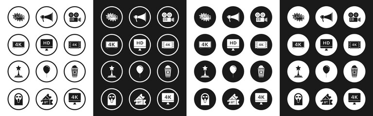Set Cinema camera, Computer PC monitor with HD video technology, , Bang boom text speech bubble balloon, 4k movie, tape, frame, Megaphone, Popcorn cardboard box and Movie trophy icon. Vector