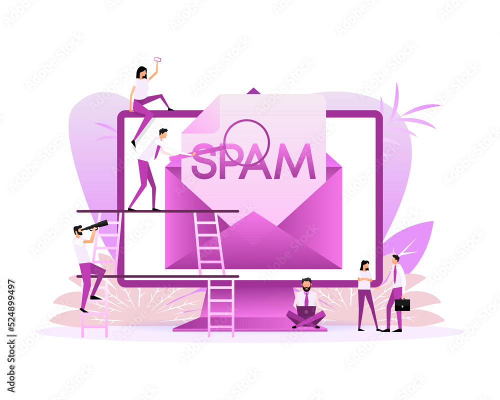 Poster spamming mailbox concept. flat style characters. email box hacking, spam warning.