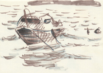 An hand drawn illustration, scanned picture - summer time - the boat