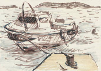 Fototapeta na wymiar An hand drawn illustration, scanned picture - summer time - the boat