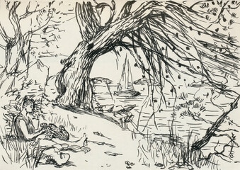 An hand drawn illustration, scanned picture - summer time - sea surface behind the tree - 524899859