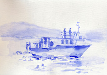 An hand drawn illustration, scanned picture - summer time - the divers on an boat