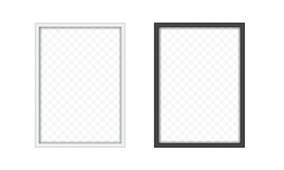 Set of realistic wooden rectangular picture or photo frames. Black and white with shadow and transparent background, vector