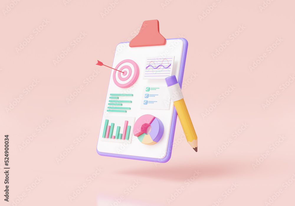 Poster clipboard paper with data analytics, seo optimization, dashboard and report chart, checklist, graph 