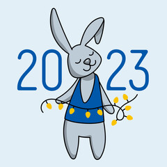 Cute rabbit with garland. Christmas 2023