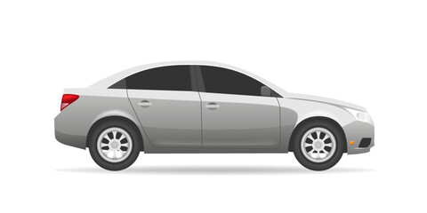 Fototapeta na wymiar Realistic side view car. Grey sedan model with wheels. 2d asset for game about hill racing. Flat vector car sprite illustration.