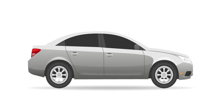 Realistic side view car. Grey sedan model with wheels. 2d asset for game about hill racing. Flat vector car sprite illustration.