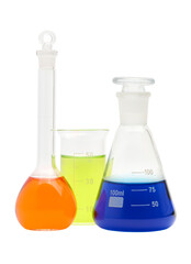 Laboratory conical flasks and beaker with colored liquid reagents isolated on white background, close up