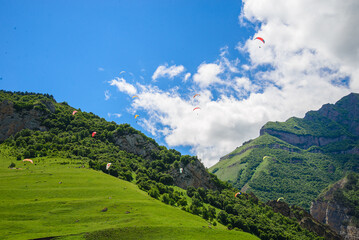 Paragliders fly in the mountains