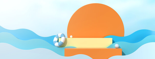 Background image There is a stage for displaying sunscreen products in blue and orange tones. And...