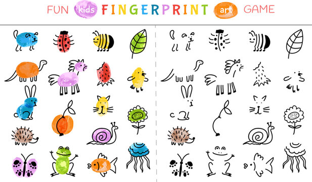 Kids fingerprint game. Paint baby finger print art play. Children learning drawing, school kindergarten activity in group. Animal draw decent vector concept