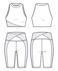 Girl's Sports Bra and Cycling Shorts fashion flat sketch template. Women's Crop Top and Short Leggings technical fashion illustration, front and back view, white colour, CAD mockup, set. - obrazy, fototapety, plakaty