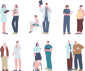 Obraz premium Patient doctor visiting. Women patients, families and seniors. Medical care for pregnant, gastroenterologist and physicians therapy. Hospital team kicky vector characters