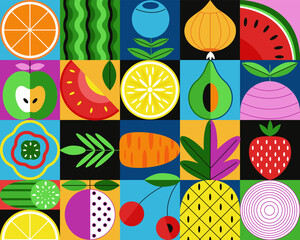 Flat geometric minimalist fruits. Bauhaus fruit composition style, modern tiles or mosaic background. Retro healthy colorful decent vector design