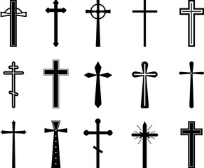 Christian cross set. Catholic church crosses, crucifix silhouette. Gothic graphic objects. Orthodox or baptism religion simple decent vector holy collection