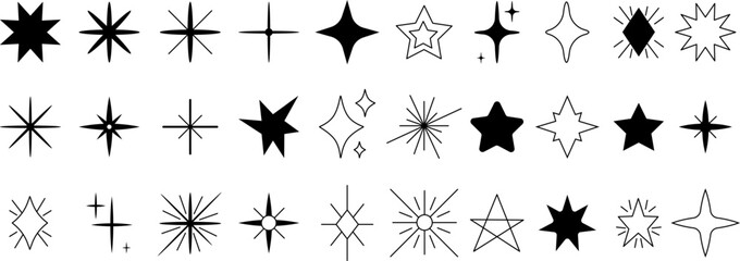 Isolated black stars icons different silhouettes. Shine modern star shapes, doodle starring symbols. Twinkle decorative decent sky vector elements set
