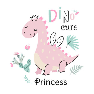 Princess girl dino card template. Cute dinosaur fairy, baby sweet graphic poster. Scandinavian style animal, shirt print or sticker nowaday vector template