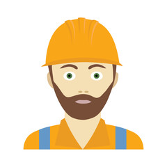 Flat icon of builder man in a helmet. Cartoon character.