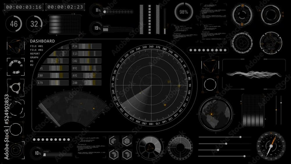 Poster Motion graphic of Sonar radar screen searching an object with futuristic head up display ( HUD UI ) technology interface screen and chat panel abstract background Alpha channel included