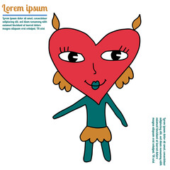 Colorful fantasy doodle cartoon heart character isolated on white background. Love sign.