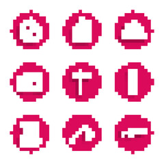 Set Road traffic signpost, Wooden axe, Camping knife, Flashlight, Hiking backpack, Radio with antenna, Beanie hat and Compass icon. Vector