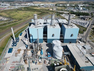 Aerial view of Saltend Power Station, Combined Cycle Gas Turbine power station Industrial water cooling system, Modern Cooling tower 