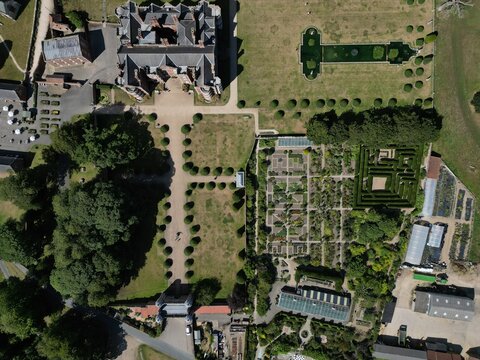 aerial view of Burton Agnes Hall is an Elizabethan, historic, stately home visitor attraction in East Yorkshire