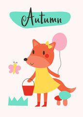 Hand drawn flat autumn illustration with fox and balloon. Autumn phrases with cute and cozy design elements decorative bundle. Vector EPS 10