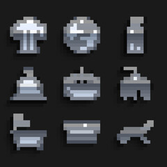 Set Swimming pool with ladder, Sauna bucket, Sunbed and umbrella, Shower head, Bathtub, hat, Essential oil bottle and Massage icon. Vector