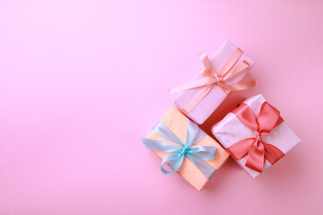  Gift boxes  on color background. Happy womens day. Happy Mothers day.Hello Spring- Image