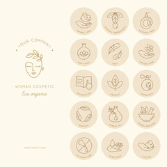 Eco cosmetics icon. Organic natural products alcohol and silicone free line icons for packaging.