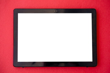 Digital mockup. Online technology. Internet connection. Tablet computer with white blank screen isolated red.