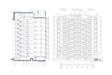 Multistory building detailed architectural technical cross section drawing, vector blueprint