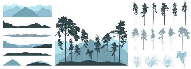 Design elements of forest trees. Constructor of landscape. Silhouettes of beautiful spruce trees, pine, bush, grass, hill. Creation of beautiful forest  or park. Vector illustration