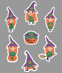 Happy halloween. Cute little witch stickers pack. Vector illustration.