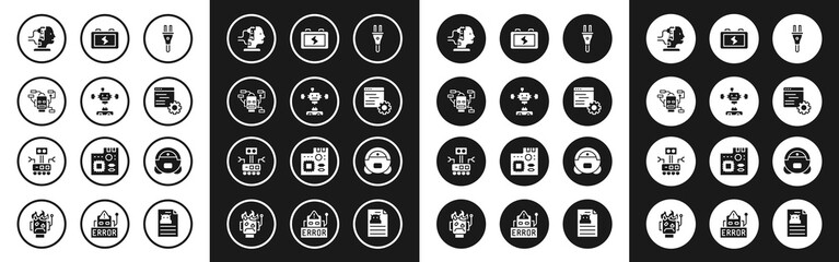 Set Electric plug, Disassembled robot, Robot, for maintenance, Computer api interface, Battery, vacuum cleaner and icon. Vector