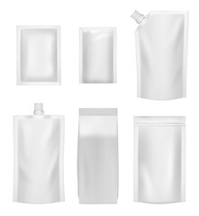 Pouches for food. Plastic packages white mockup templates decent vector realistic illustrations