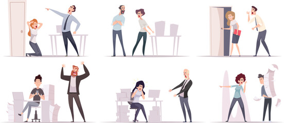 Aggressive businessman. Angry office managers screaming boss fires subordinates exact vector business people