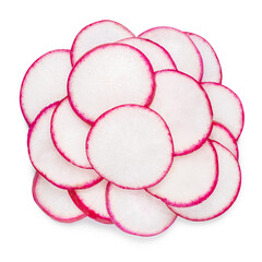 top view of pile vegetables roots of radish sliced isolated on white background
