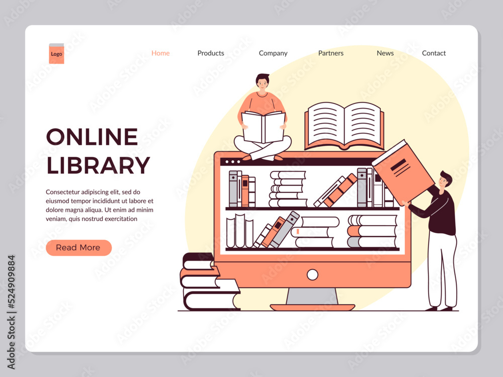 Poster online library landing. web page template of distance education reading library on smartphone recent