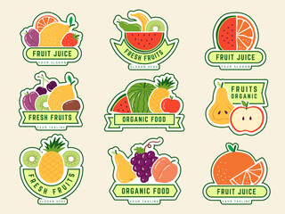 Fruits logo. Identity templates with different healthy juicy fruits and vegetables recent vector eco badges