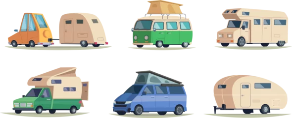 Gardinen Camping cars. Vintage caravan vehicles for outdoor camp travelling road vacation happy tourism symbols exact vector cartoon pictures © ONYXprj